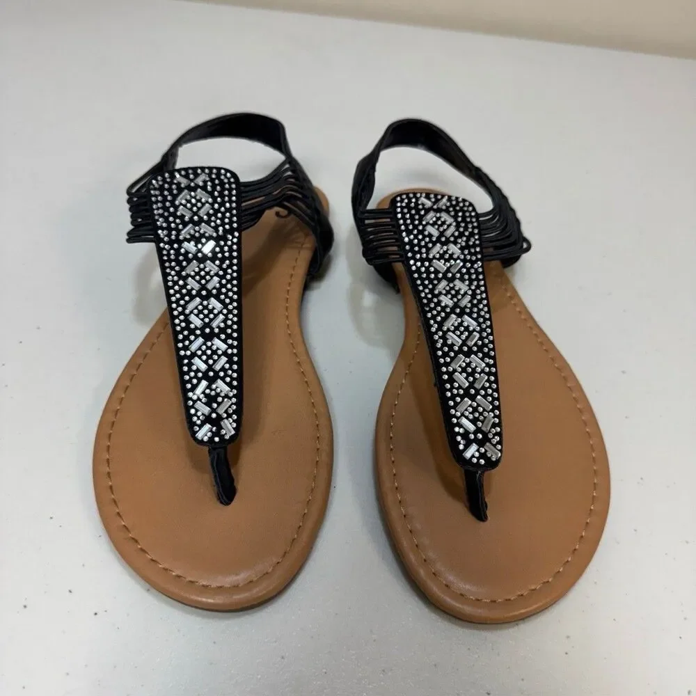 Embellished Black Sandals Women Medium 7.5 - 8.5 Thong Shoes Gladiator Flip Flop